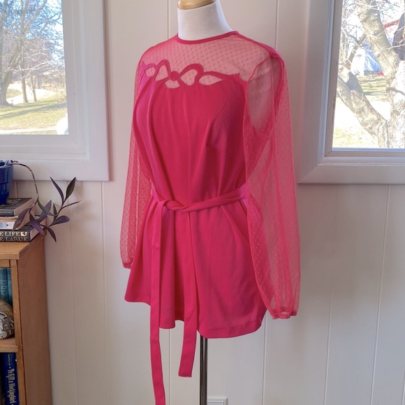 Vintage 60s 70s Hot Pink Sheer Mesh Bow Top Tunic L/XL - Picture 3 of 6